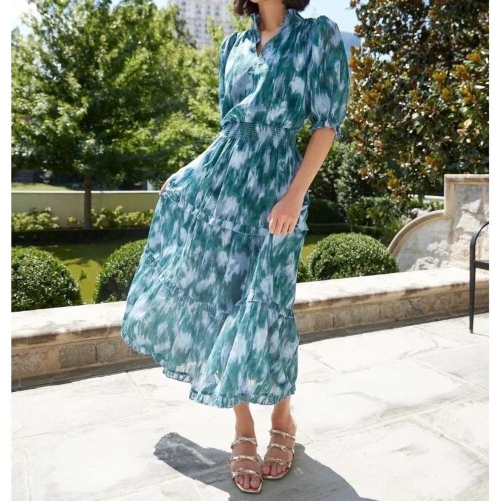 Abbey Glass Bennett Dress Womens XXS Teal Ikat Chiffon Watercolor Romantic Boho